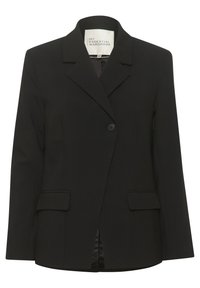 Czarna marynarka z klapami z wycięciem, pojedynczym zapięciem na guzik, dwoma przednimi kieszeniami i gładkim, podszewkowym wykończeniem. Krój dopasowany, o wyraźnie zarysowanym kształcie.