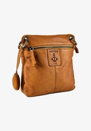 Bruine leren crossbodytas met een voorvak met ritssluiting, ankerlogo-patch voorzien van het label "HARBOUR 2nd" en metalen ring bevestigingen voor de schouderband.