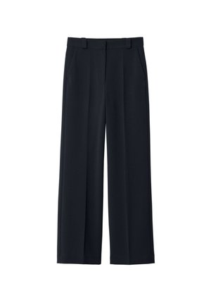 Navy wide-leg trousers made from a smooth fabric; features a waistband, belt loops, and side pockets; minimalistic design without patterns.