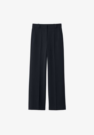 Marinefarbige weit geschnittene Hosen aus einem glatten Stoff; mit einem Bund, Gürtelschlaufen und Seitentaschen ausgestattet; minimalistische Gestaltung ohne Muster.