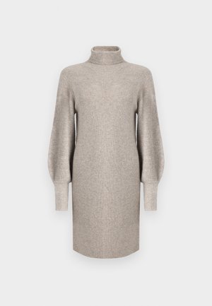 Gray turtleneck dress with a ribbed texture, balloon sleeves, and a relaxed fit. The fabric appears soft and slightly loose.