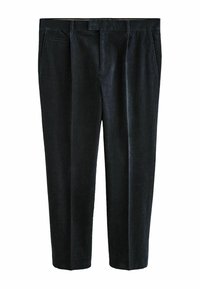 Tmavě modré kordové kalhoty se rovný fit, obsahující dvě boční kapsy, skryté zapínání v přední části a viditelnou strukturu látky.