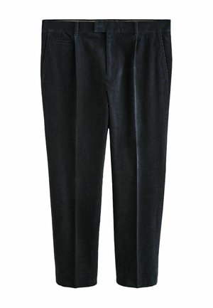 Dunkelblaue Cordhosen mit geradem Schnitt, ausgestattet mit zwei seitlichen Taschen, einem verdeckten Frontverschluss und sichtbarer Textur des Stoffes.
