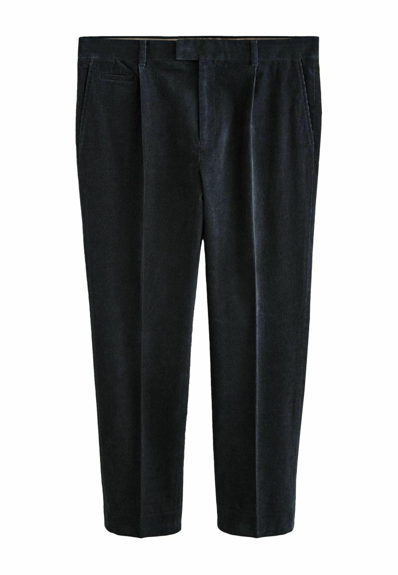 Tmavě modré kordové kalhoty se rovný fit, obsahující dvě boční kapsy, skryté zapínání v přední části a viditelnou strukturu látky.