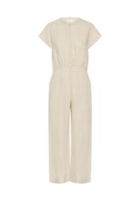 Combinaison en lin beige avec des manches courtes, un col rond, une taille élastique et des pantalons évasés, présentant une texture lisse.