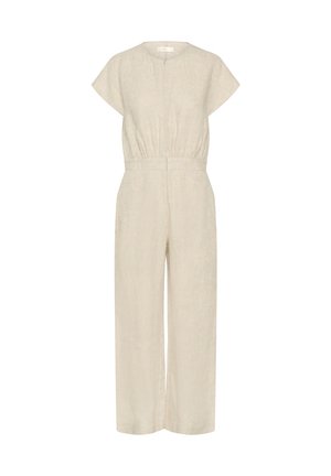 Salopetă din in bej cu mâneci scurte, decolteu rotund, talie elastică și pantaloni cu picior larg, având o textură netedă.