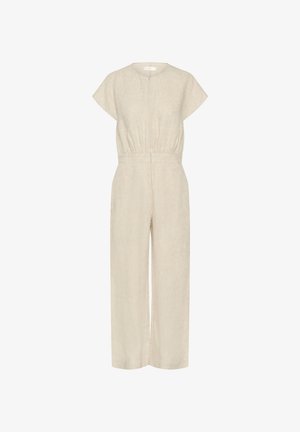 Bežinis lininis šokinėjimas su trumpomis rankovėmis, apvaliu iškirpimu, elastinga juosmens linija ir plačiomis kelnėmis, turintis glotnią tekstūrą.