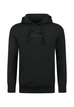 Zwarte capuchonsweater met voorzak en donkergroene cursieve tekst op de borst, met verstelbare koordjes aan de capuchon.
