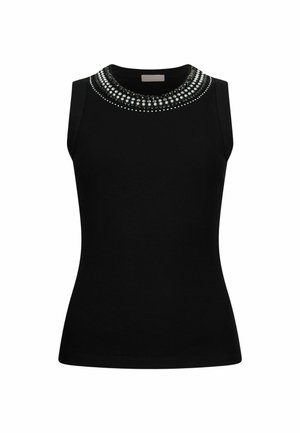 Top nero senza maniche con scollo tondo decorato con due file di perline d'argento e piccoli borchietti d'argento intorno al colletto.
