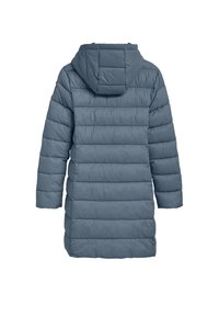 Blauwe pufferjas met een capuchon, voorzien van horizontale doorgestikte naden, lange mouwen en een middellange pasvorm. Glad, geïsoleerd materiaal.