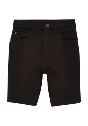 Schwarze Jeansshorts mit vorderem Knopf, Gürtelschlaufen sowie Front- und Münztaschen, dargestellt auf weißem Hintergrund.