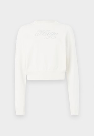 Witte cropped trui met lange mouwen, voorzien van een zachte textuur en een tonale "Hugo"-logo op de voorkant. Ribgebreide accenten bij de zoom en manchetten.