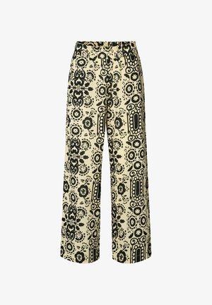Kalhoty s širokými nohavicemi z krémové látky s výrazným černým květinovým a geometrickým vzorem, s elastickým páskem pro pohodlí.