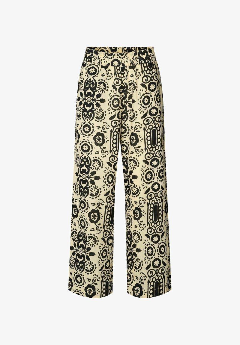 Weite Hosen aus cremefarbenem Stoff mit einem auffälligen schwarzen Blumen- und geometrischen Muster, ausgestattet mit einem elastischen Bund für zusätzlichen Komfort.
