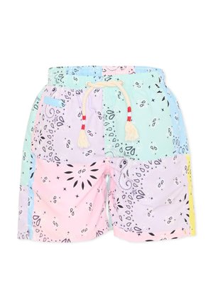 Costume da bagno patchwork pastello con motivi paisley e coulisse bianca con dettagli rossi in vita.