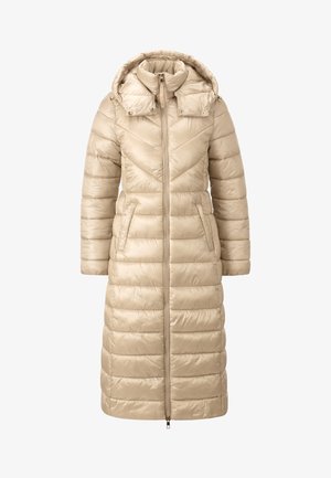 Beige puffer coat with a hood, long length, quilted pattern, and side pockets. Features a front zipper for closure. Smooth, shiny texture.