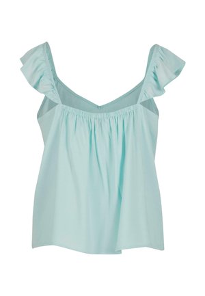 Hellblaues ärmelloses Top mit Rüschenträgern und gerafftem elastischen Bund. Hergestellt aus weichem Material mit glatter Textur, verfügt es über ein V-Ausschnitt-Design.