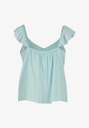 Hellblaues ärmelloses Top mit Rüschenträgern und gerafftem elastischen Bund. Hergestellt aus weichem Material mit glatter Textur, verfügt es über ein V-Ausschnitt-Design.