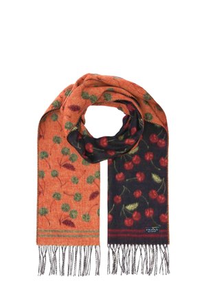 Soft scarf with orange and black sections, decorated with green and red cherry patterns, and fringed ends.