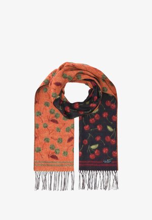 Soft scarf with orange and black sections, decorated with green and red cherry patterns, and fringed ends.
