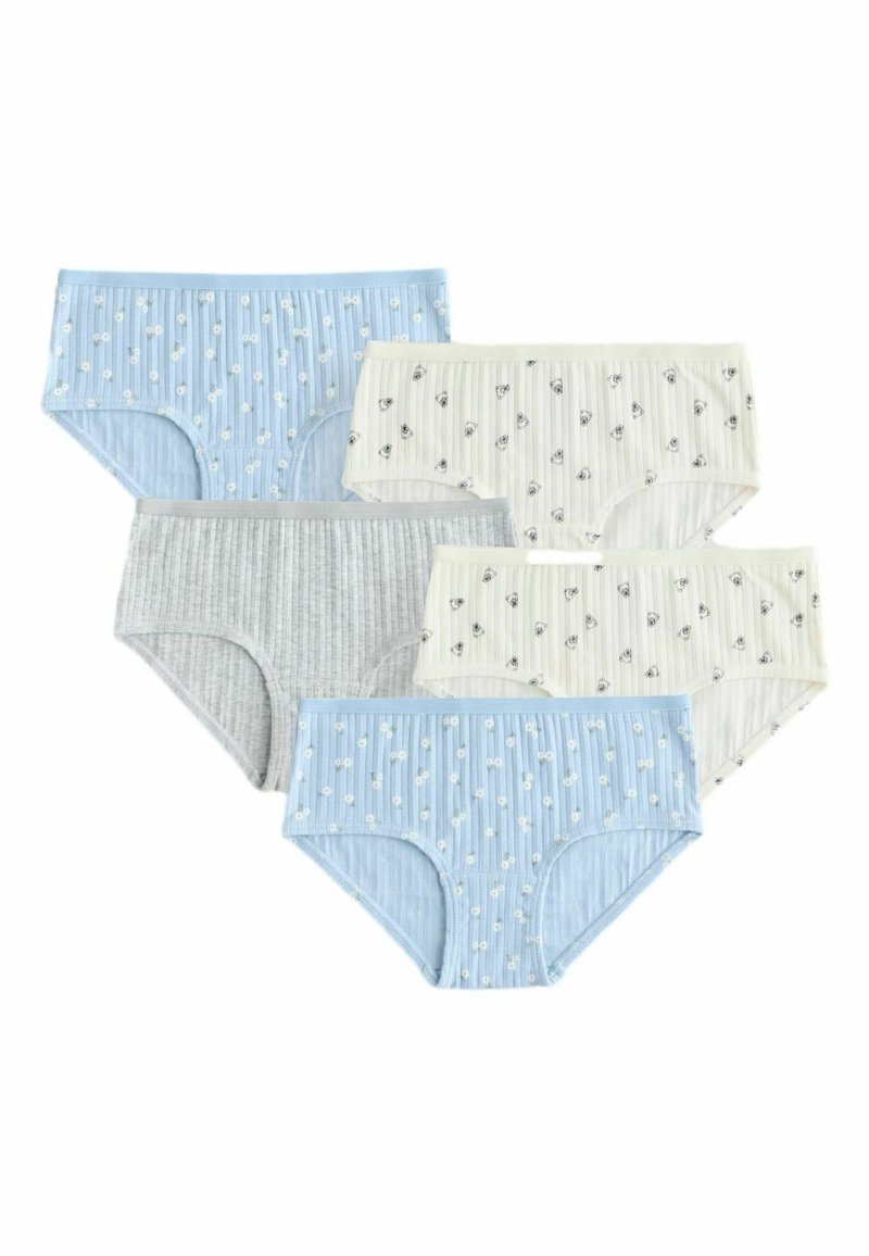 Piecas sieviešu biksīšu pāri zilā, pelēkā un krēmkrāsā ar dažādiem rakstiem — ziedu, svītrainu un viendabīgu; teksturēts audums un kontrastējošas jostas.