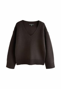 Brun strikket sweater med V-hals, der har ribbede manchetter og kant, teksturerede striber, der løber lodret, og en afslappet pasform.