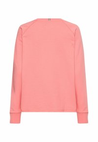 Langarmhemd aus weichem, leichtem pinkfarbenem Stoff. Es hat einen Rundhalsausschnitt und gerippte Bündchen, mit einem schlichten Design und einer Rückennaht.