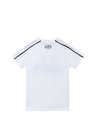 T-shirt bianco a maniche corte con un accento nero lungo le spalle e un'etichetta con logo sul retro. Realizzato in tessuto morbido e leggero.