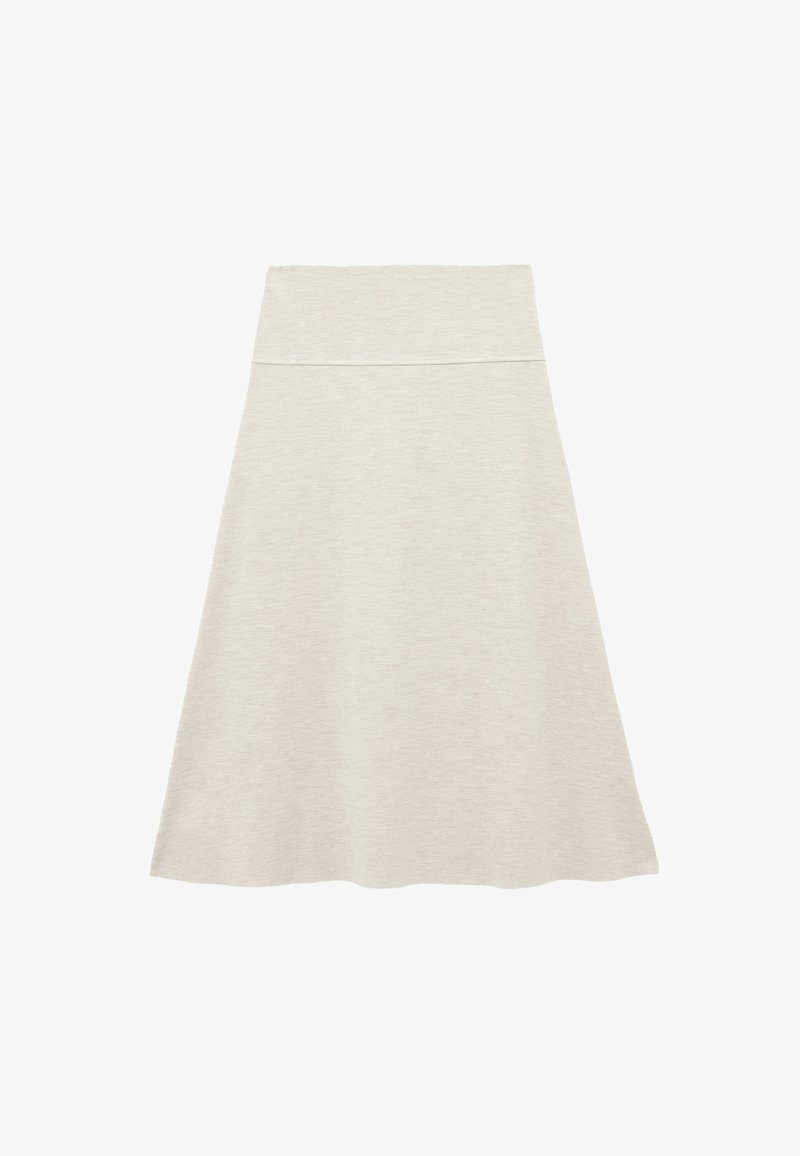 Falda midi acampanada de color beige claro, hecha de suave tela de jersey. Presenta una cinturilla ancha y una textura suave, sin patrones ni acentos visibles.