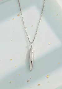 Silverhalsband med en slank, avlång form på en delikat kedja, uppvisad på en ljusgrön yta med gyllene detaljer.