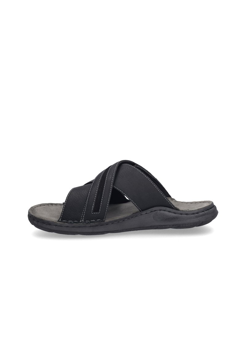 Sandales noires à brides croisées, tige en cuir, semelle intérieure en suède gris, et surpiqûres contrastées. Semelle en caoutchouc légère pour plus de confort.