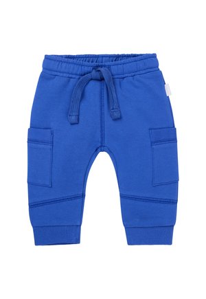 Blaue Jogginghosen aus einer Baumwollmischung mit elastischem Taillenbund und Kordelzug, ausgestattet mit zwei Cargo-Taschen und gerippten Bündchen.