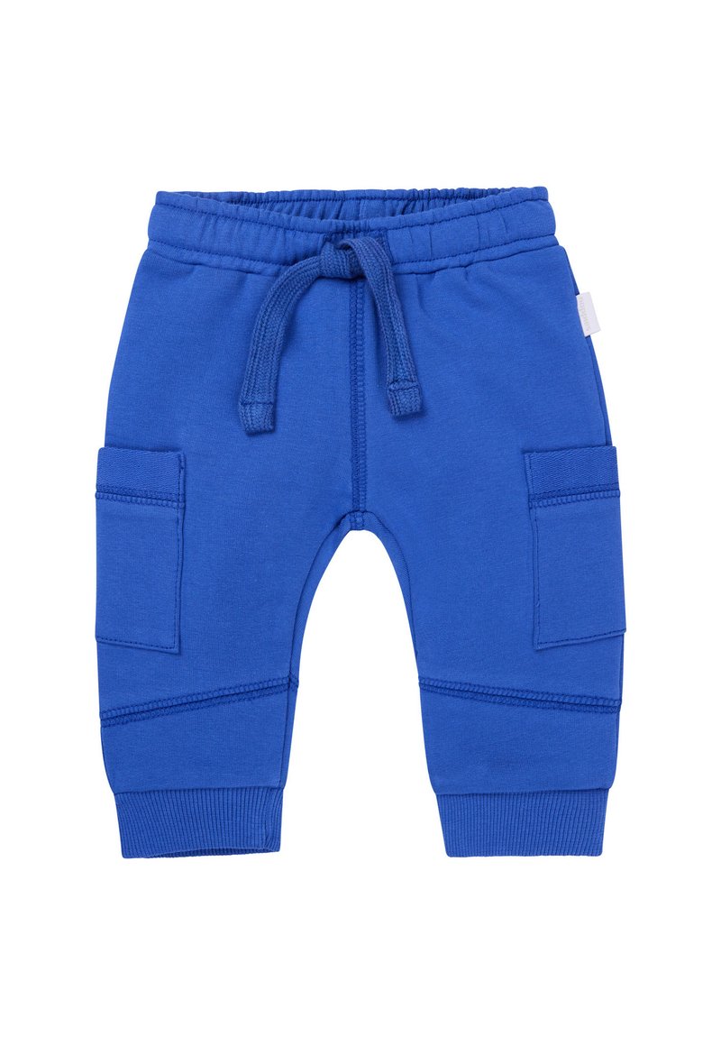 Blaue Jogginghosen aus einer Baumwollmischung mit elastischem Taillenbund und Kordelzug, ausgestattet mit zwei Cargo-Taschen und gerippten Bündchen.