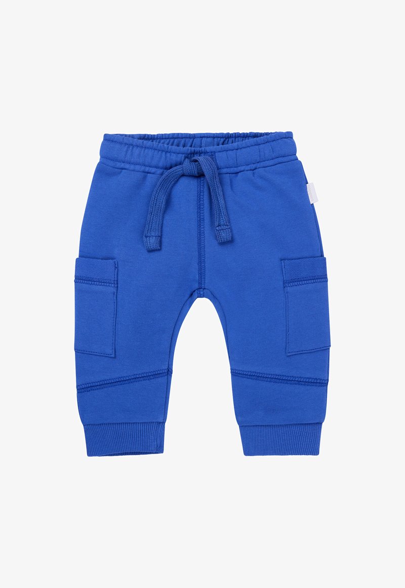 Blaue Jogginghosen aus einer Baumwollmischung mit elastischem Taillenbund und Kordelzug, ausgestattet mit zwei Cargo-Taschen und gerippten Bündchen.