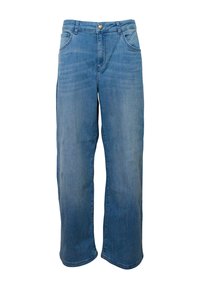 Jeans a gamba larga di colore blu chiaro in denim, con chiusura a bottone, design a cinque tasche e una texture morbida e leggermente sbiadita.