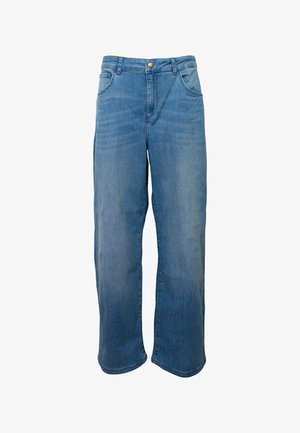 Jeans ampi di denim di colore azzurro chiaro, con chiusura a zip e bottone, dotati di due tasche frontali e con un taglio dritto.