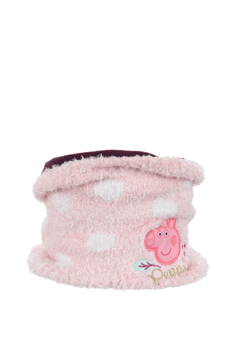 Roze, fluffy nekwarmer met witte stippen en een Peppa Pig borduurwerk. Zacht van textuur met een opgerolde, donkerburgundy bovenrand.