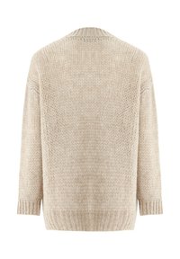 Beige gestrickter Pullover mit lockerer Passform, der einen gerippten Halsausschnitt und Ärmelbündchen sowie ein strukturiertes Muster auf der Rückseite aufweist.