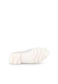 White sneaker with a textured rubber sole, featuring a smooth upper and a minimalistic design. Brand name "Gabor" embossed on the sole.