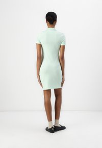 Piparu zaļš polo kleita ar pieguļošu formu, īsām piedurknēm un nelielu spīdumu. Valkāta ar melnām kurpēm un bēšām zeķēm, redzama tīra aizmugurējā skats.