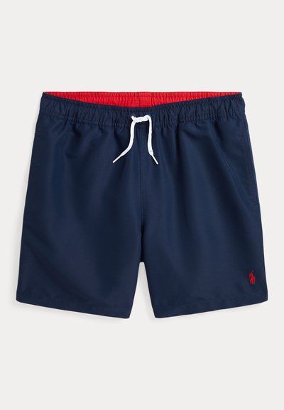 Calções de banho azul-marinho feitos de material leve, com uma cintura elástica, forro interior vermelho, cordão branco e um pequeno logótipo bordado.