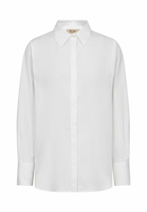 Cămașă albă cu mâneci lungi, nasturi ascunși și guler ascuțit, expusă pe un fundal alb.