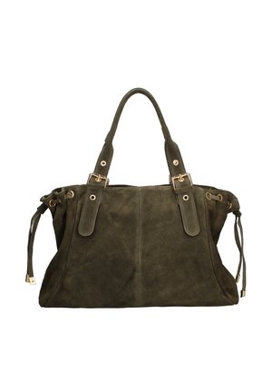 Borsa in suede verde con dettagli dorati, doppie tracolle e lati regolabili con cordoncino per variare forma e dimensione.