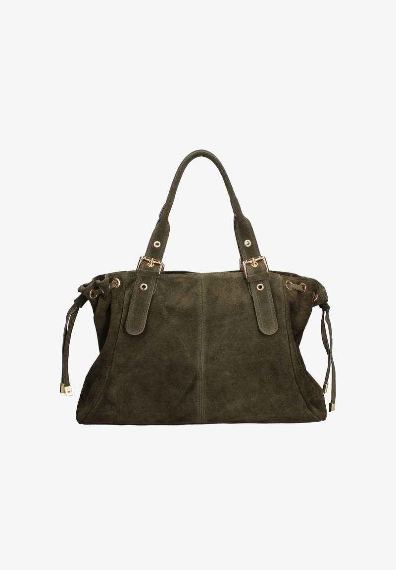 Groene suède handtas met gouden hardware, dubbele schouderbanden en verstelbare trekkoordzijden voor variabiliteit in vorm en grootte.