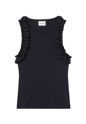 Haut sans manches bleu marine avec des accents de volants aux épaules, fabriqué à partir d'un tissu doux, doté d'un col arrondi et d'un détail de logo discret.