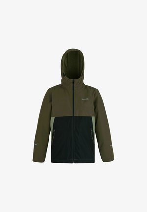 Chaqueta impermeable verde y negra con capucha, cremallera frontal, bolsillos con cremallera y forro de forro polar dentro de la capucha.