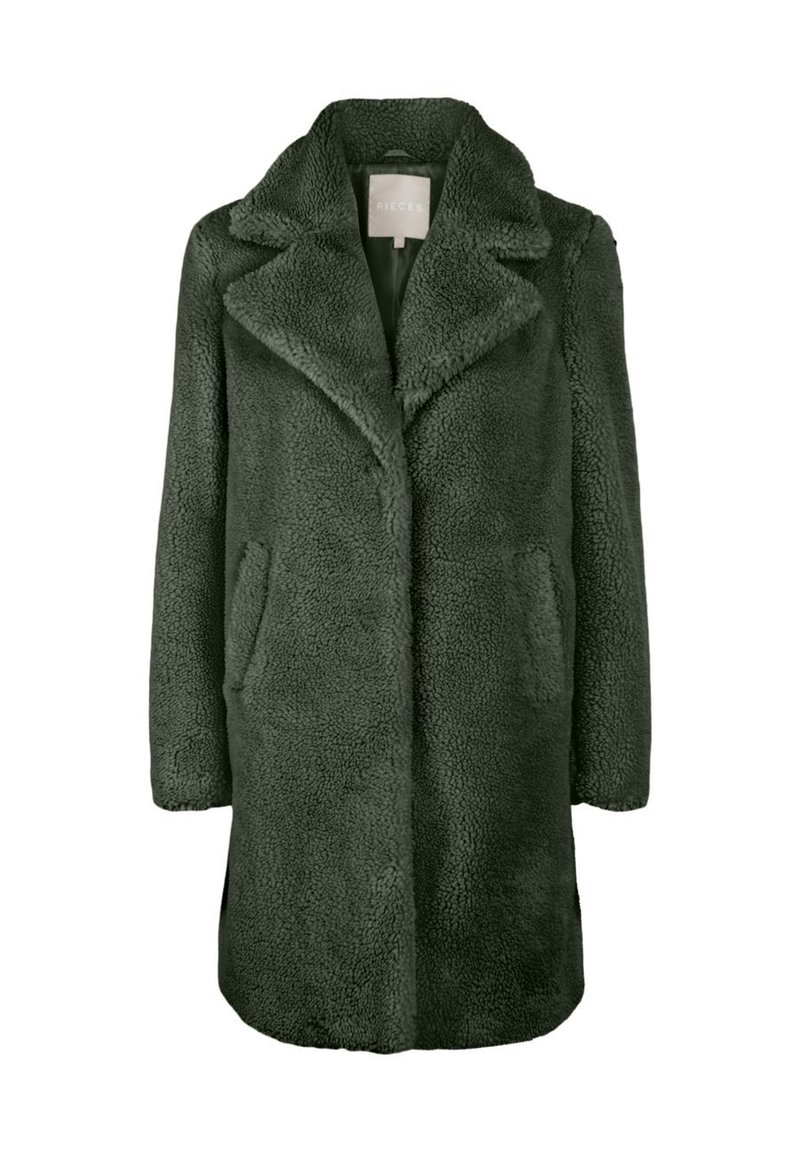 Mörkgrön shearlingjacka med notch-krage, två sidofickor och rak passform. Mjuk textur och medellång design.