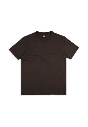 Brown cotton T-shirt with a crew neckline, short sleeves, and a small, embroidered logo on the left chest. Smooth texture, casual fit.