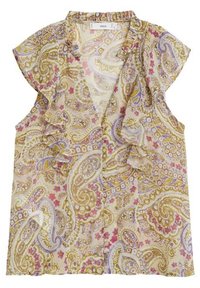 Blouse en paisley floral ornée de volants à l'avant, dans des couleurs pastel douces de jaune, rose et lavande sur une base claire. Le tissu est léger.