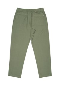 Pantaloni in cotone leggero verde oliva, con vita elastica, gambe affusolate e due tasche posteriori. Texture liscia, design minimale.